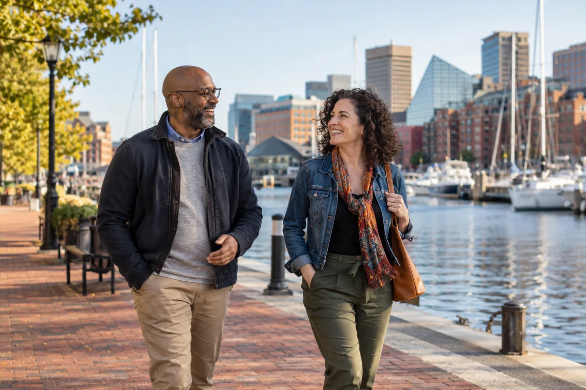 One adult man and one adult woman walking as friends along a Baltimore harbor promenade, brick waterfront buildings and sailboats