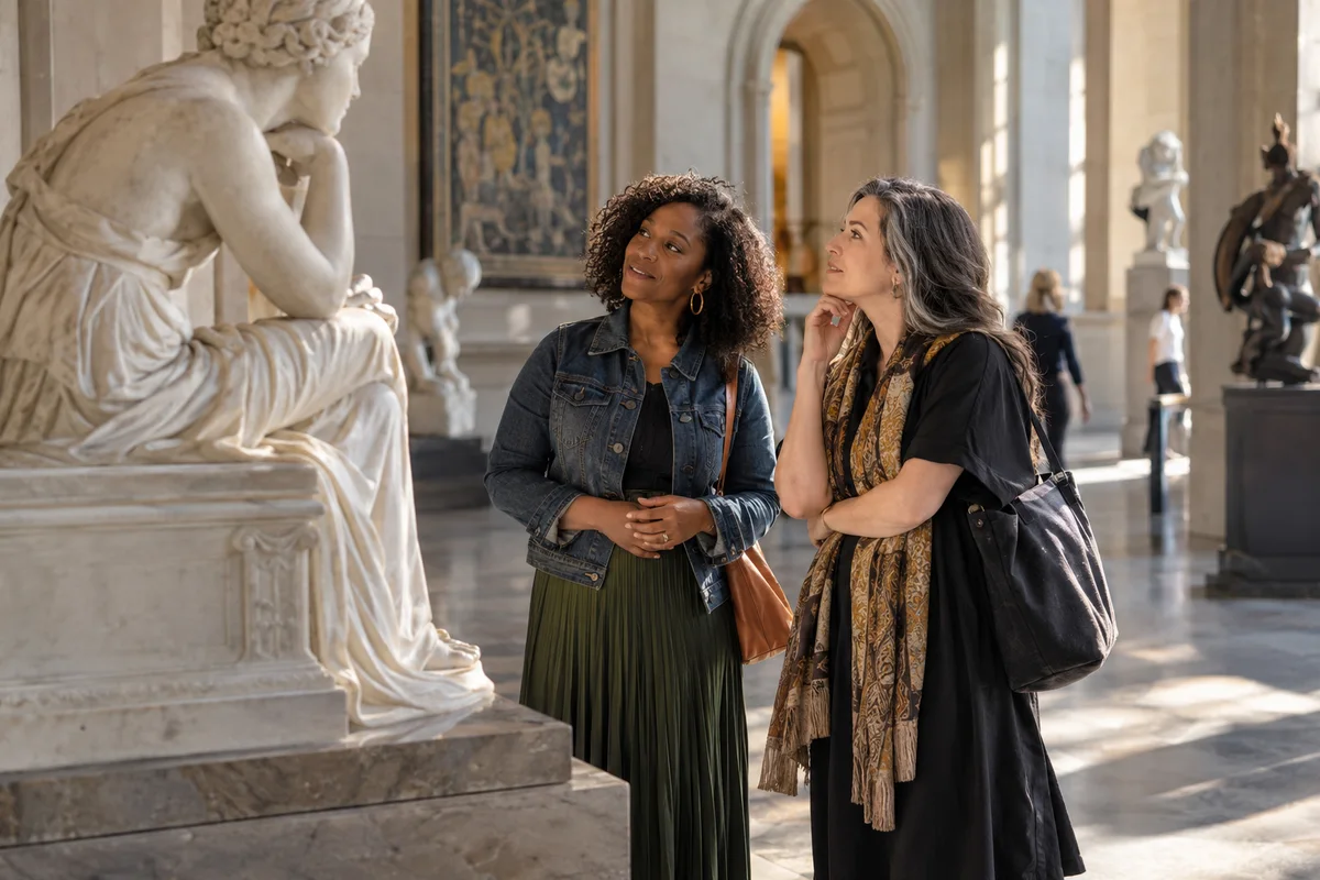 Two adult women viewing a sculpture in a Baltimore art museum, elegant stone hall and side light