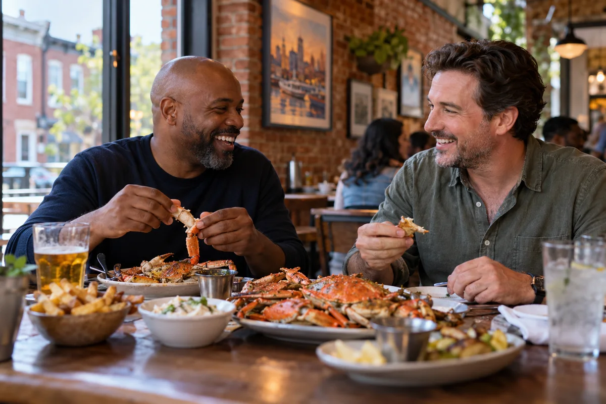 Two adult men sharing lunch at a Baltimore rowhouse neighborhood restaurant, comfortable brick and seafood dishes