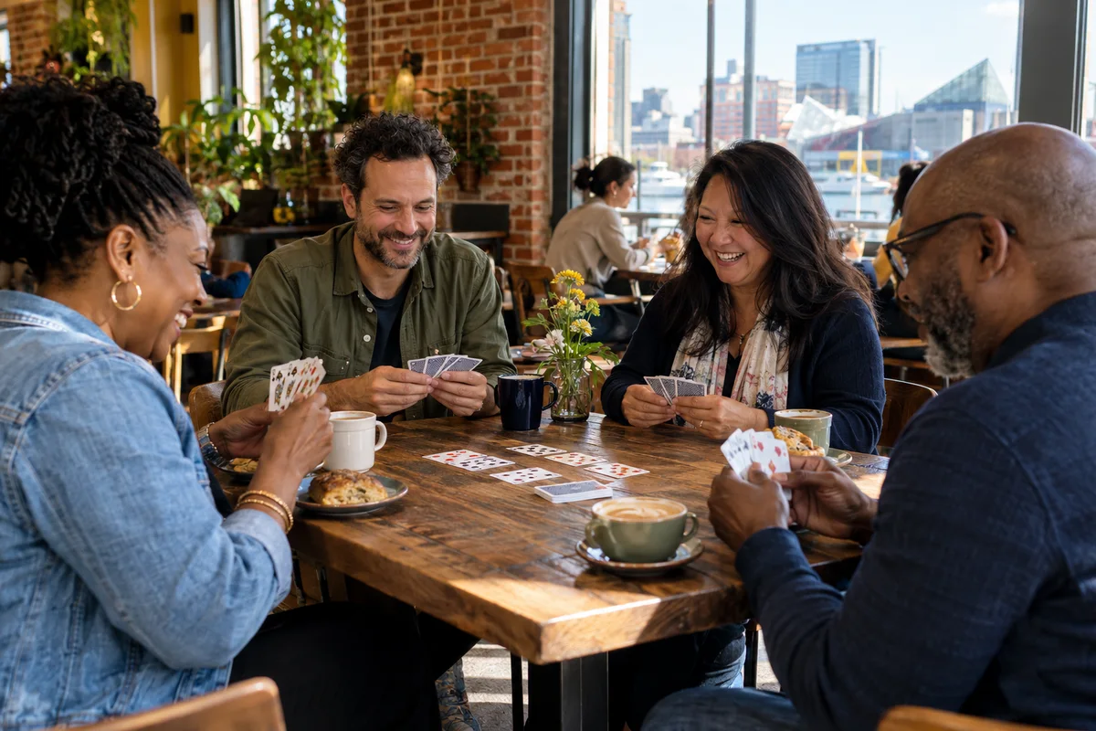 Four adult friends, two men and two women, playing a casual card game around a table in a Baltimore neighborhood cafe, cards actually in hands and on table